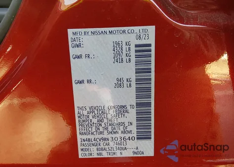 2024 Nissan Altima Sr Fwd z USA, uszkodzony, nr VIN 1N4BL4CV9RN303640